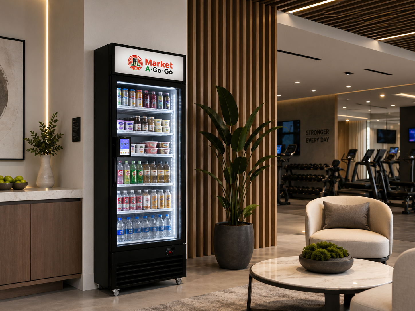 Market A Go Go vending machine positioned near a modern fitness center