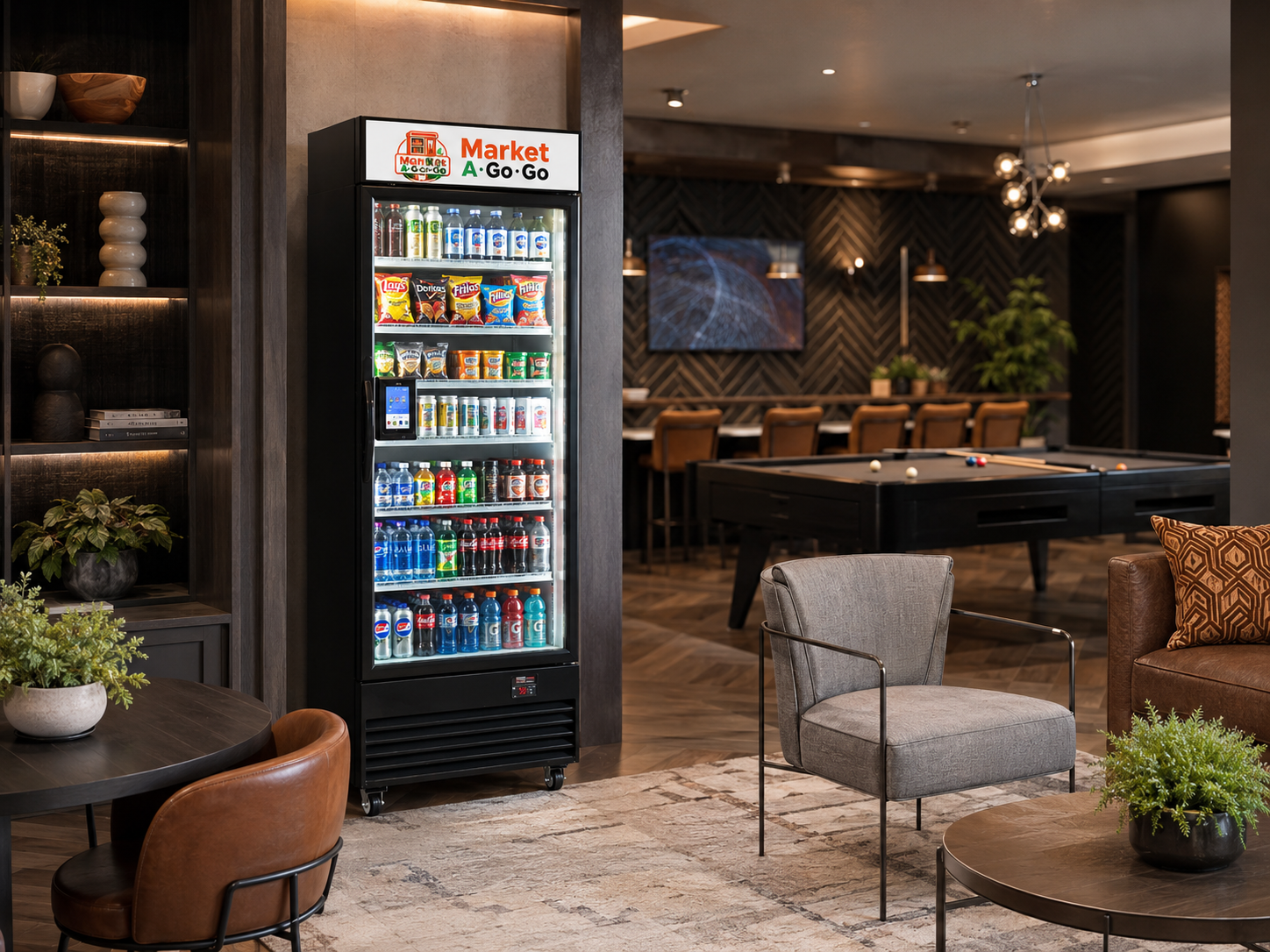 Market A Go Go vending machine in a warm game room and recreation space