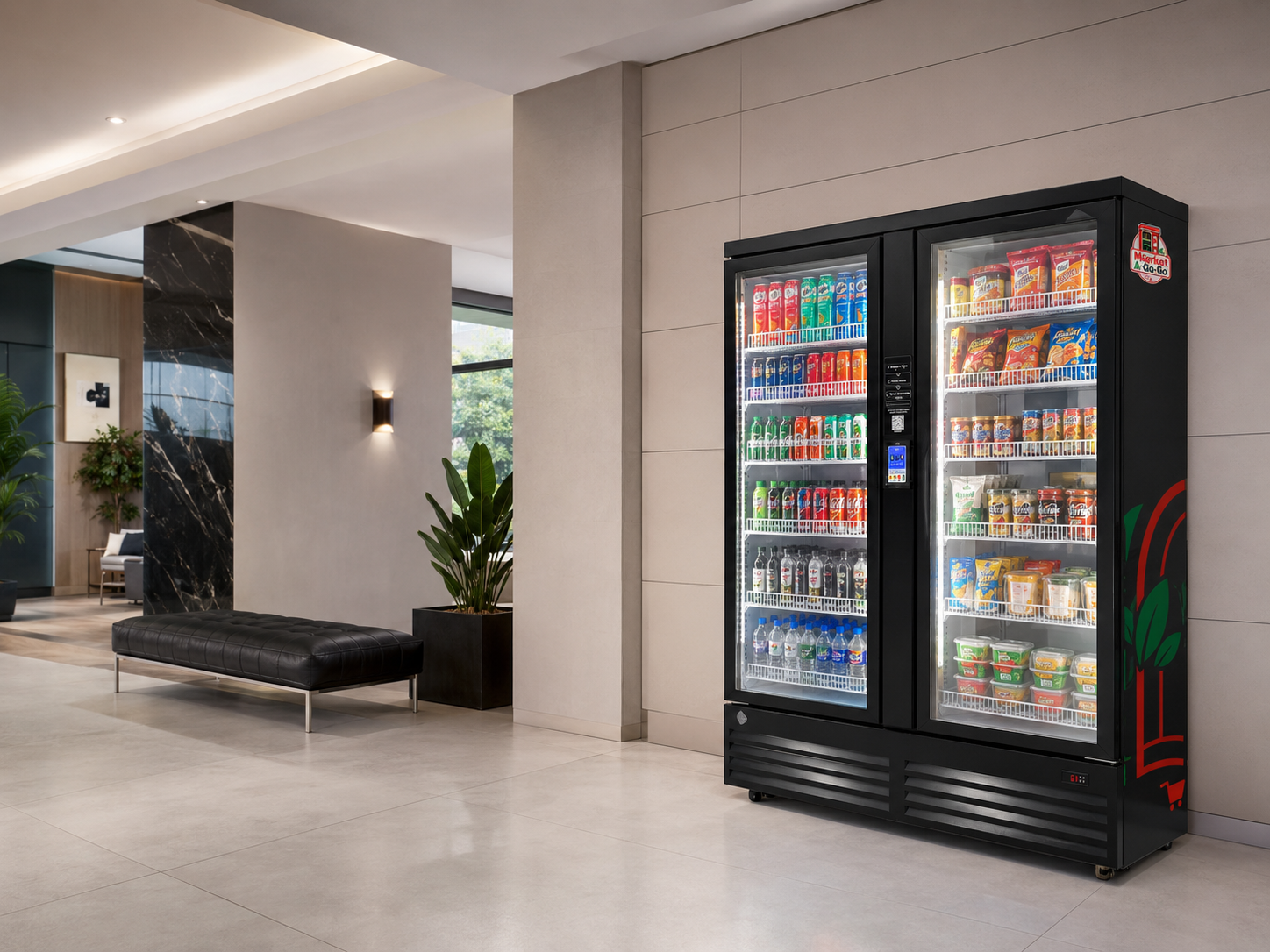 Two Market A Go Go smart vending machines placed in a bright premium lobby