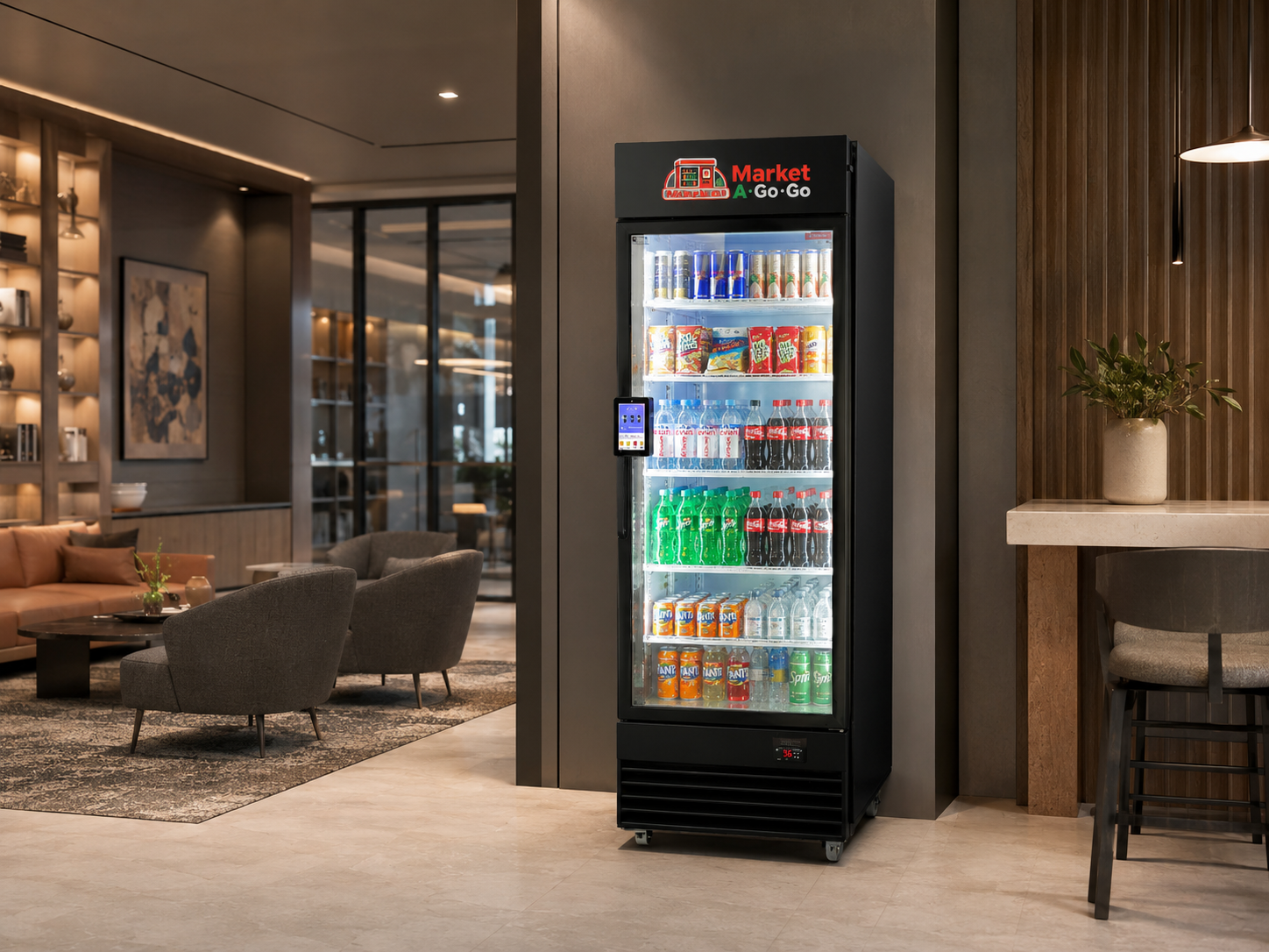 Market A Go Go vending machine in a polished lobby and seating area