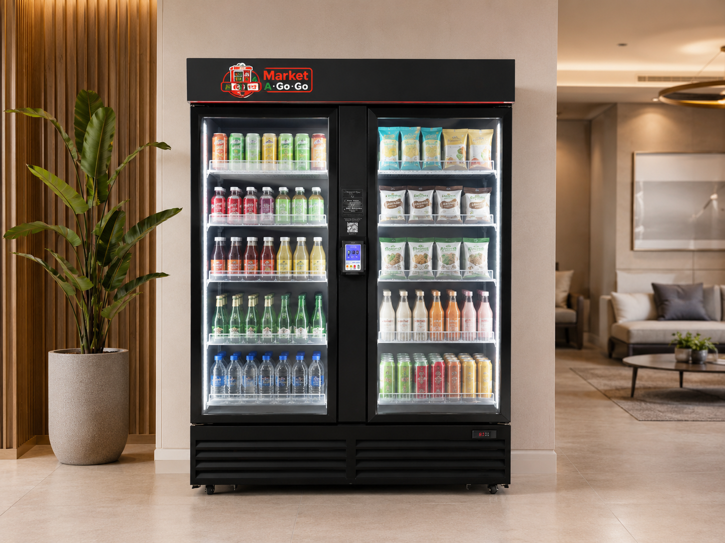 Double Market A Go Go vending setup in an upscale shared lounge
