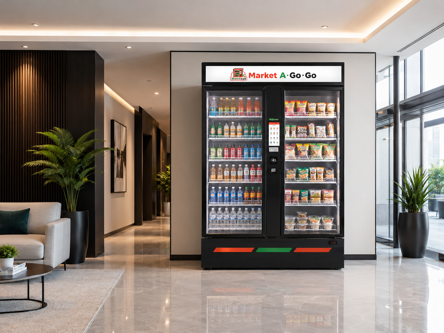 Double Market A Go Go vending machines in a refined resident lounge